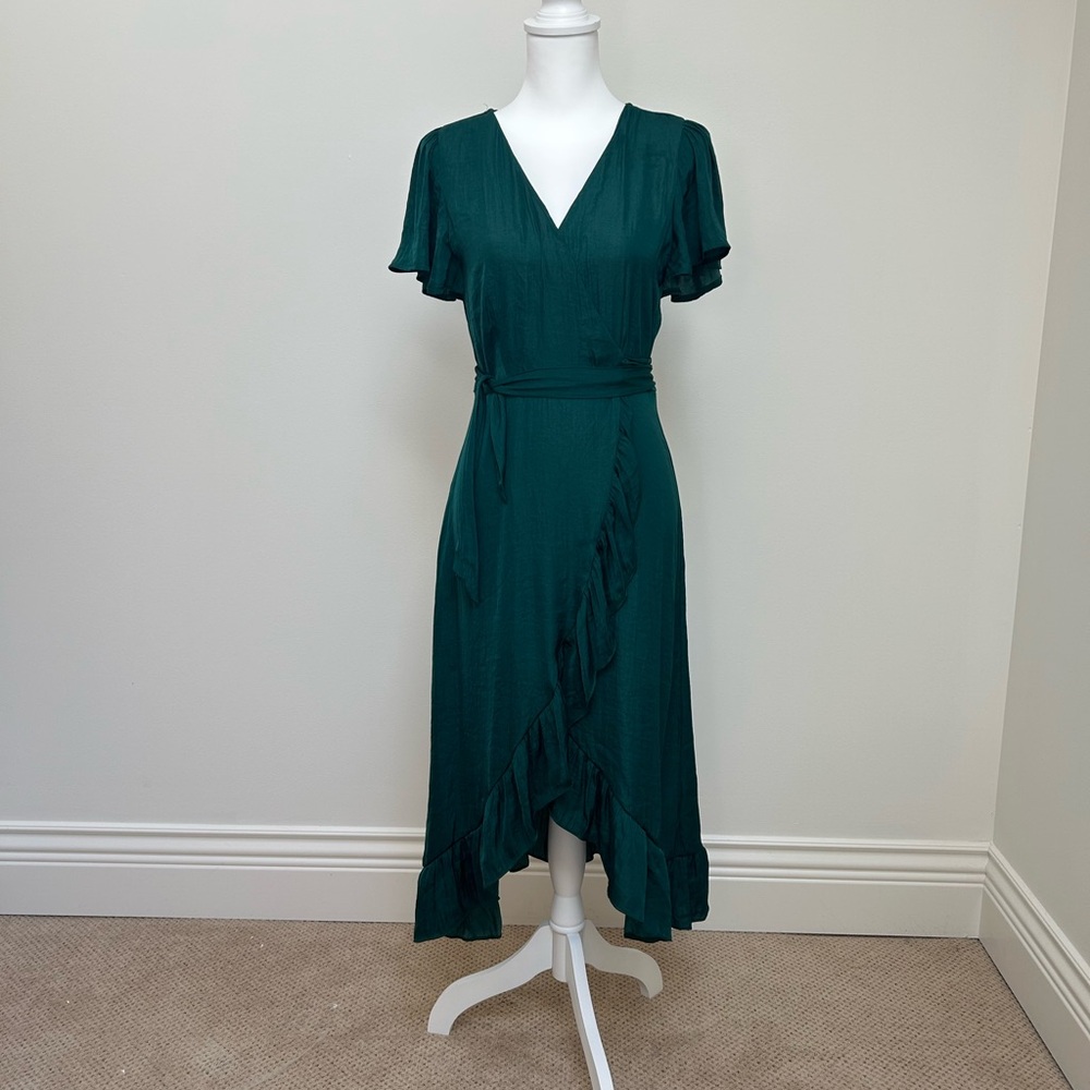 Emerald Green Satiny Ruffle Wrap Dress